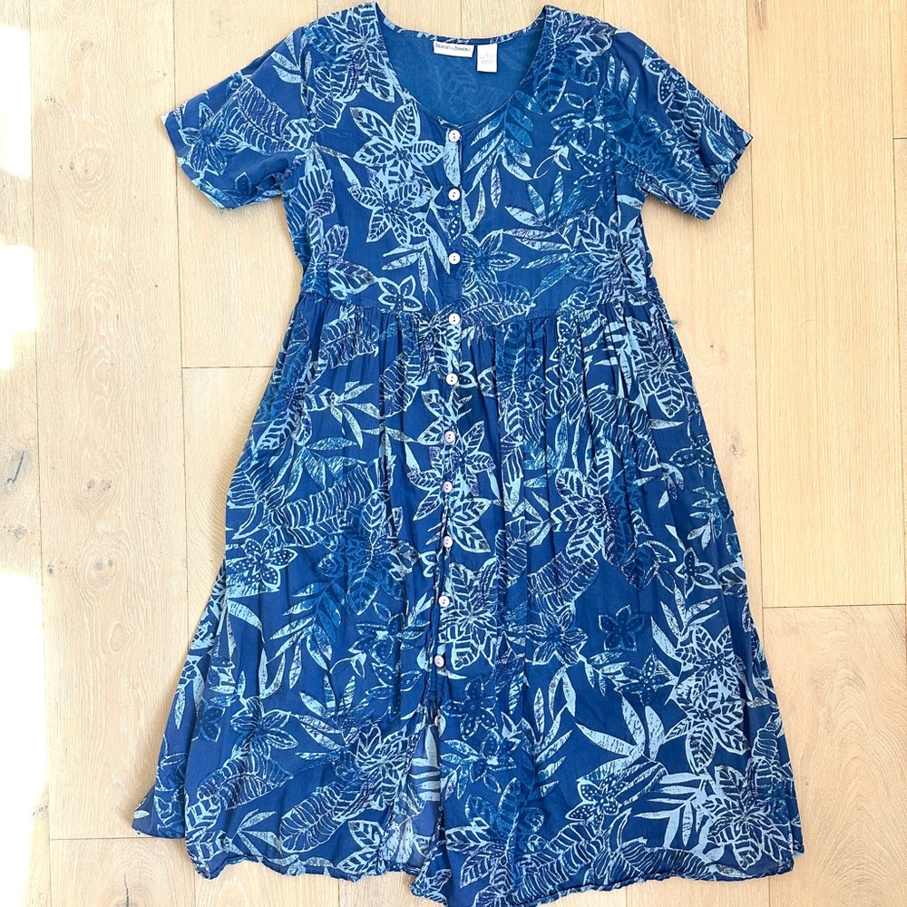 Vtg 80s blue floral print short sleeve button front Draper's and Damon's dress L